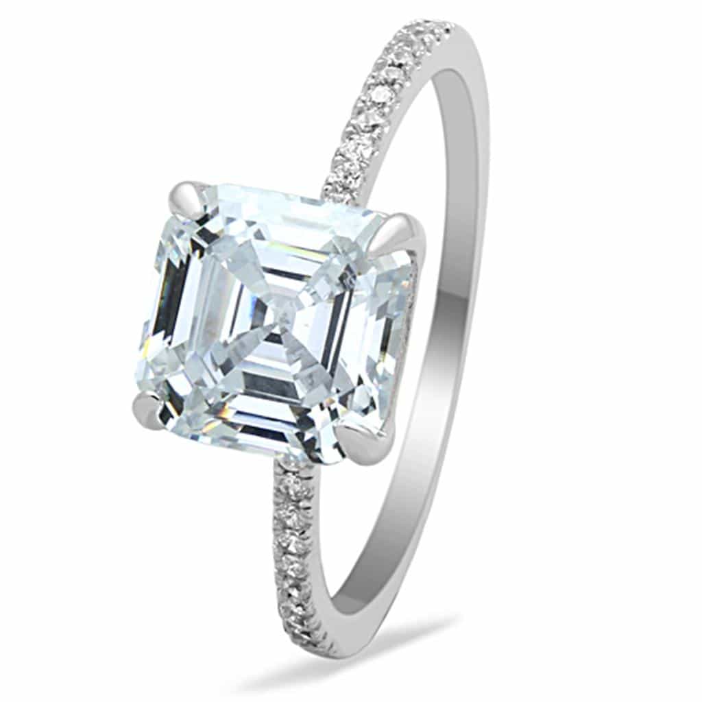 Sterling Silver CZ Asscher Cut Solitaire Pave Thin Ring view 10