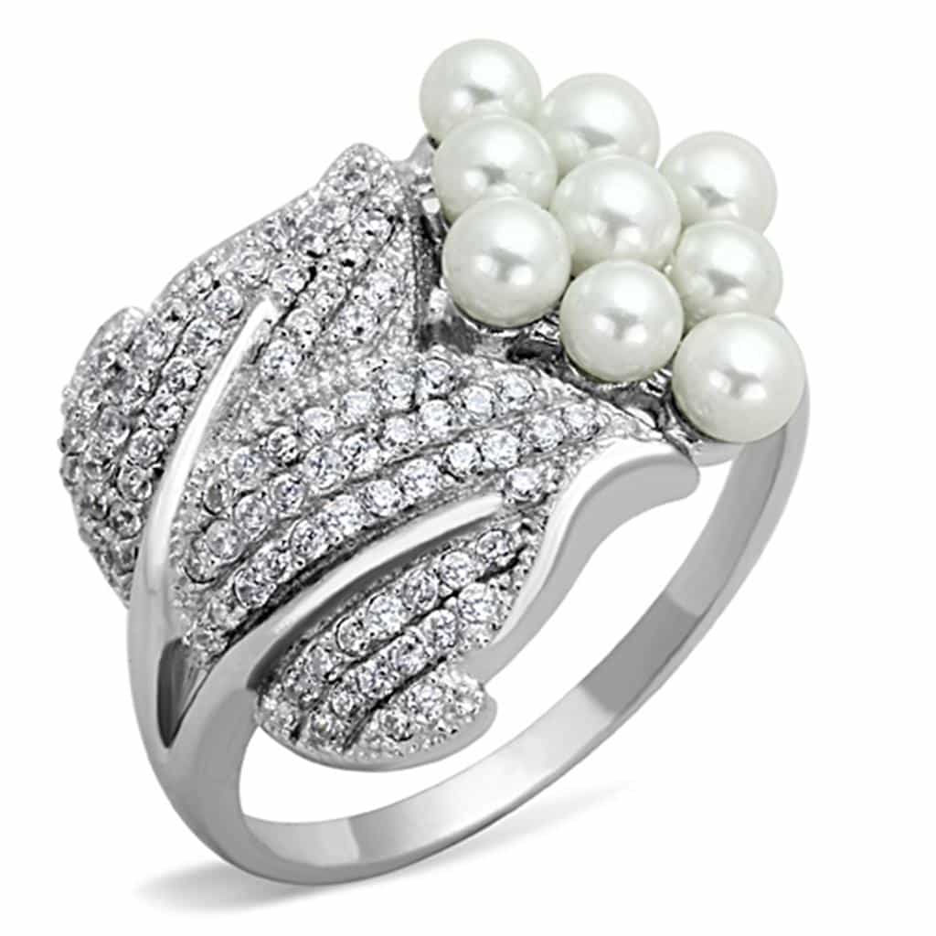 Sterling Silver CZ Pearl Leaf Cluster Wrap Ring view 6