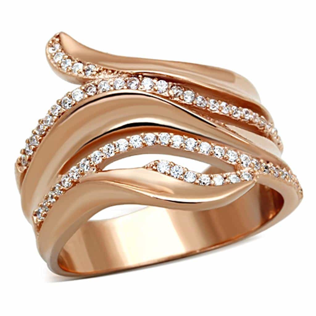 Sterling Silver Rose Gold CZ Wave Multi Band Wide Ring view 5