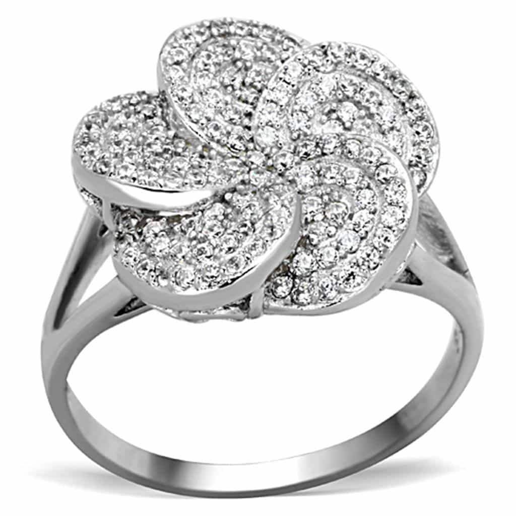 Sterling Silver CZ Pave Flower Clover Dome Ring view 5