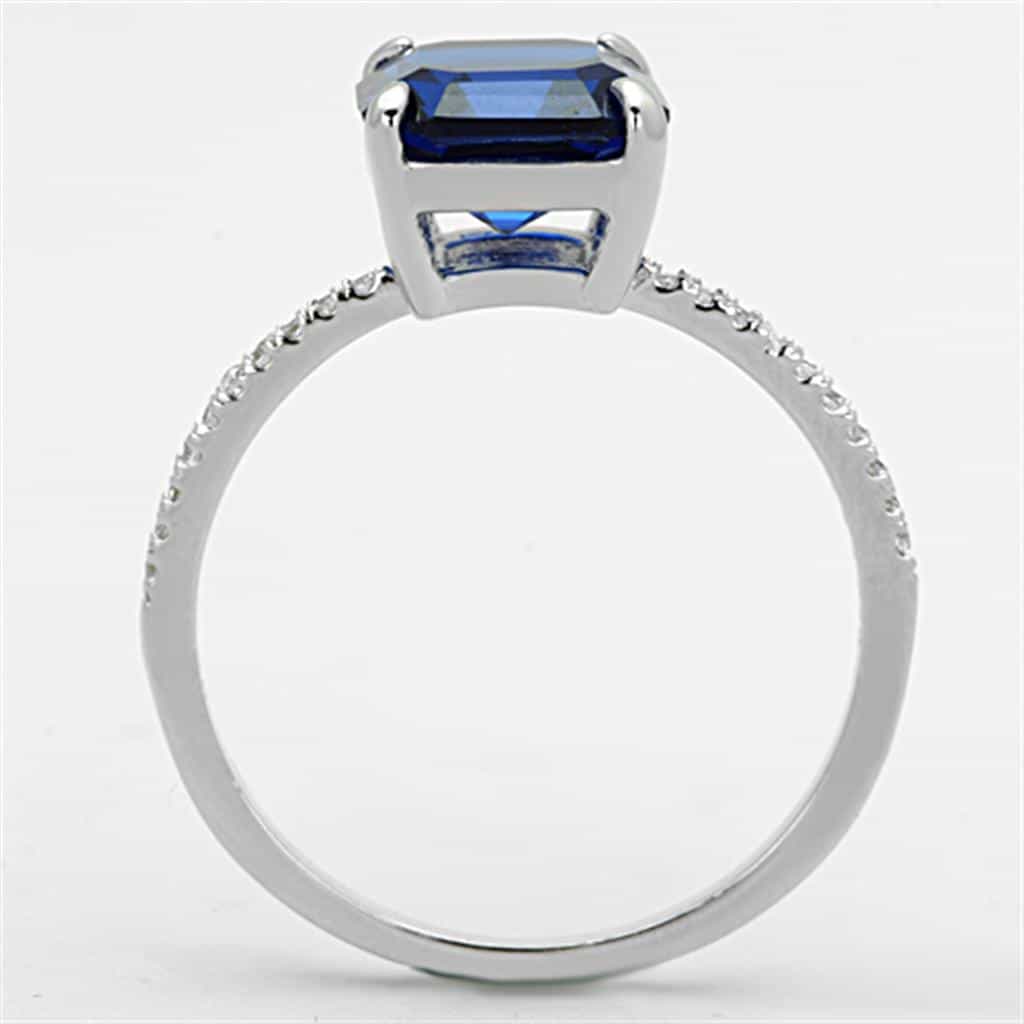 Sterling Silver Blue Sapphire Emerald Cut Solitaire Pave Ring view 9