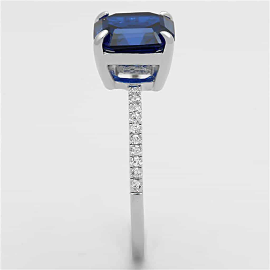 Sterling Silver Blue Sapphire Emerald Cut Solitaire Pave Ring view 10