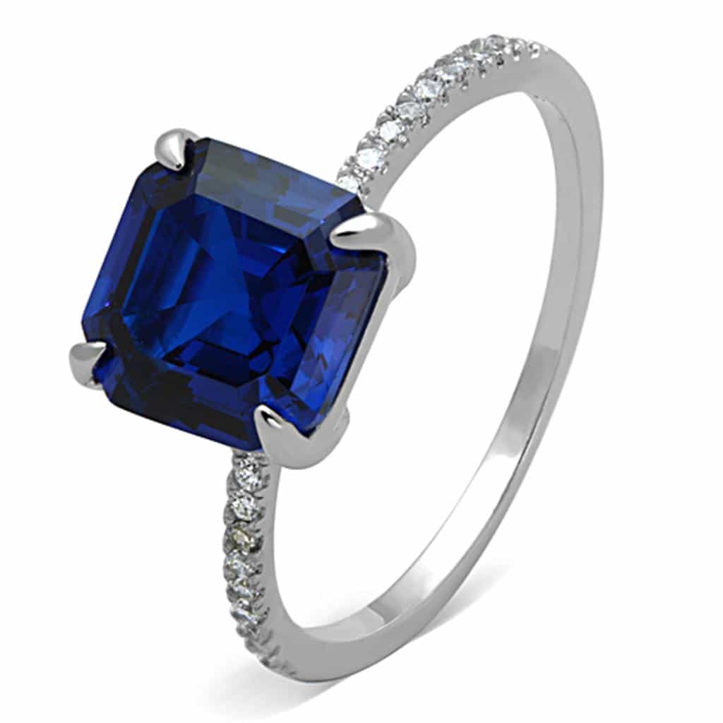 Sterling Silver Blue Sapphire Emerald Cut Solitaire Pave Ring view 5