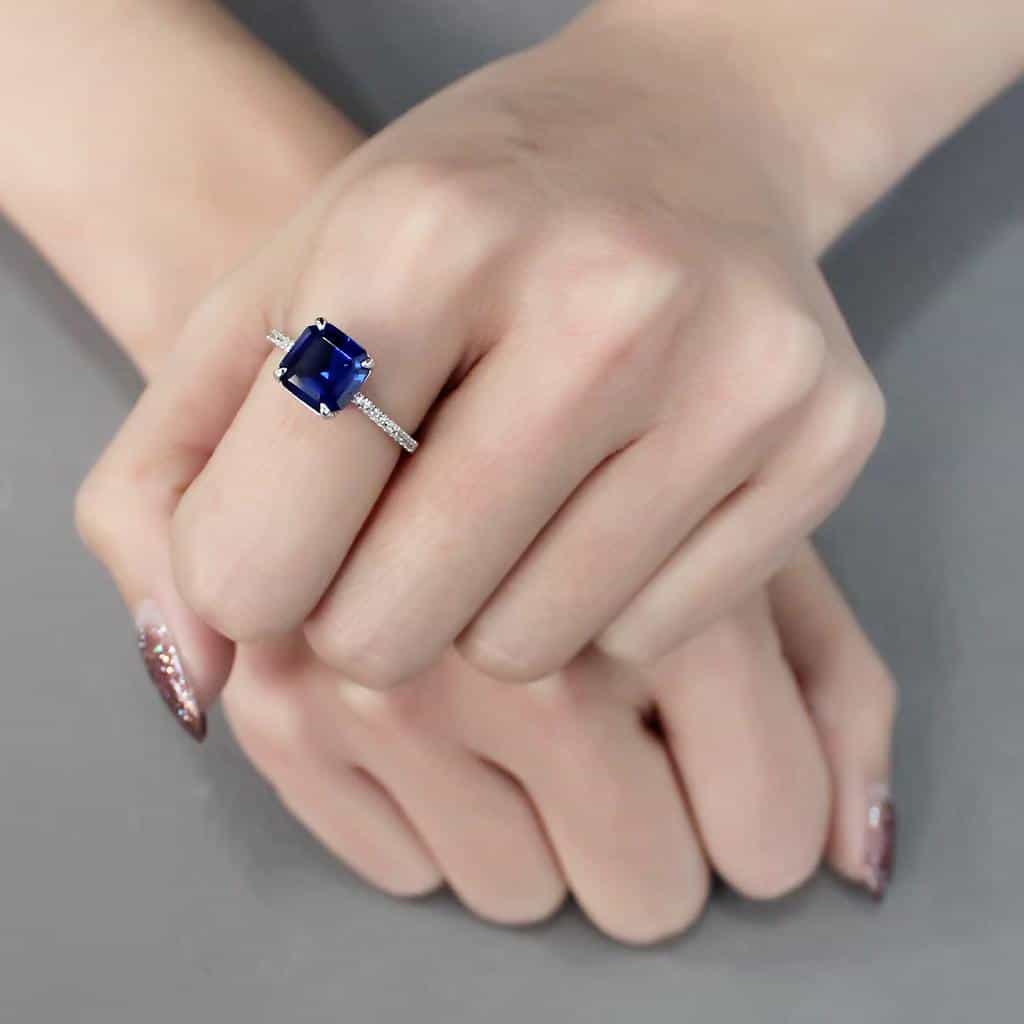 Sterling Silver Blue Sapphire Emerald Cut Solitaire Pave Ring view 12