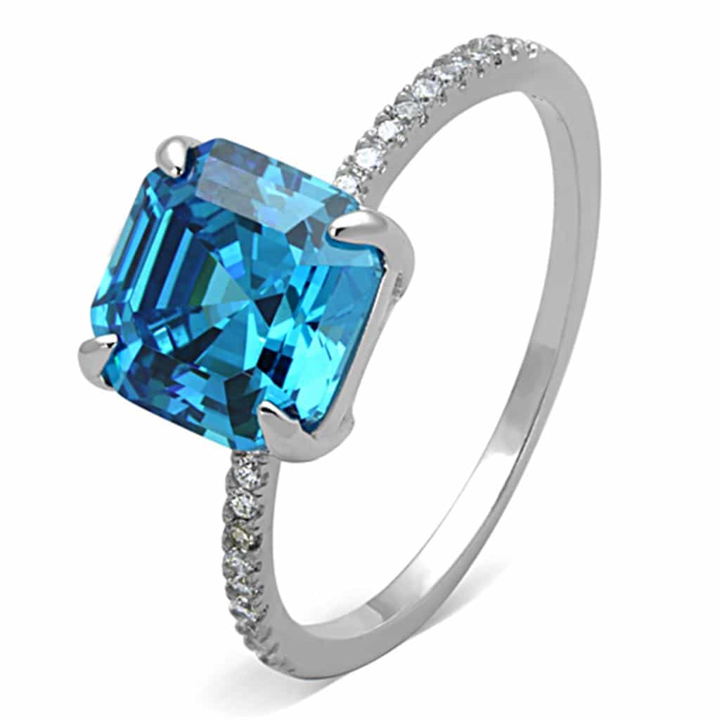 Sterling Silver Aqua Blue CZ Cushion Solitaire Pave Ring view 5