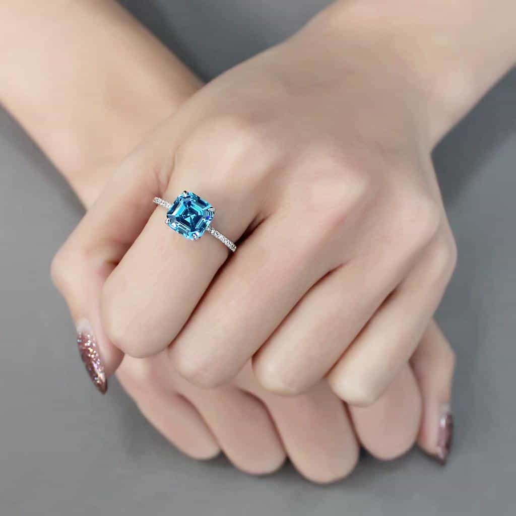 Sterling Silver Aqua Blue CZ Cushion Solitaire Pave Ring view 12