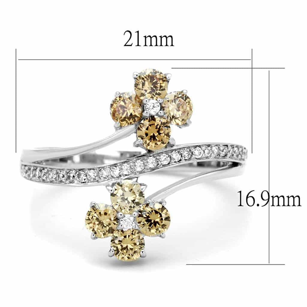 Sterling Silver Champagne CZ Flower Bypass Ring view 7