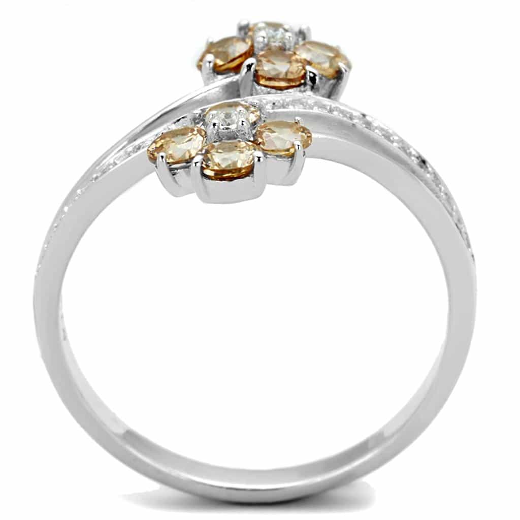 Sterling Silver Champagne CZ Flower Bypass Ring view 8