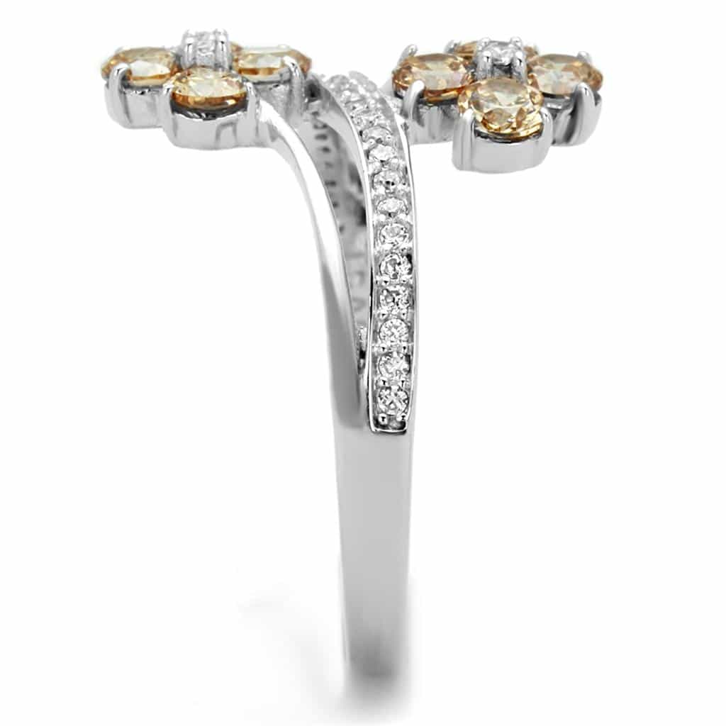 Sterling Silver Champagne CZ Flower Bypass Ring view 4
