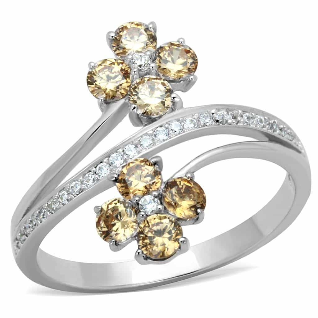 Sterling Silver Champagne CZ Flower Bypass Ring view 10