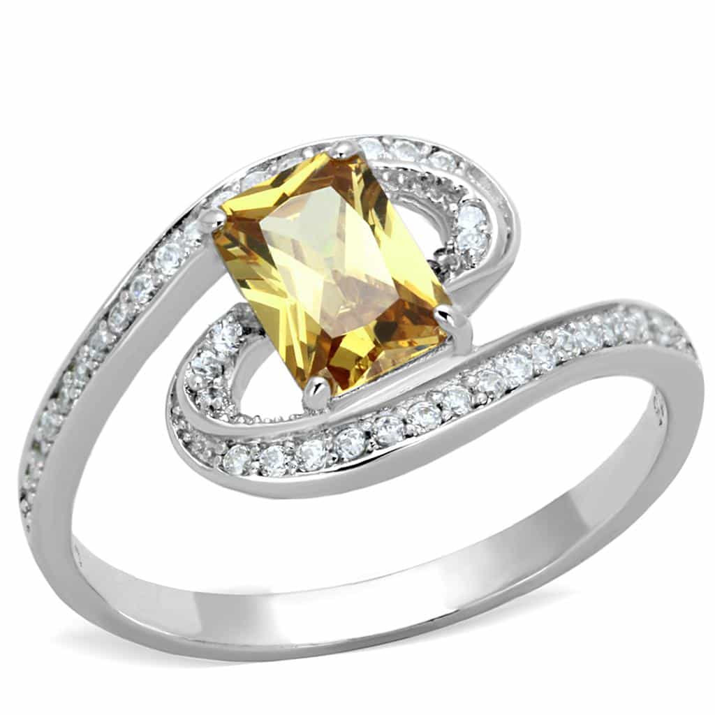 Sterling Silver Citrine Emerald Cut CZ Bypass Swirl Ring view 10