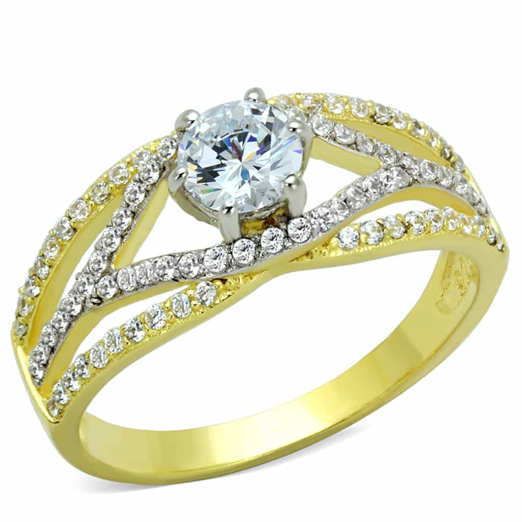 Sterling Silver Gold Two Tone CZ Round Woven Split Bridal Ring view 5