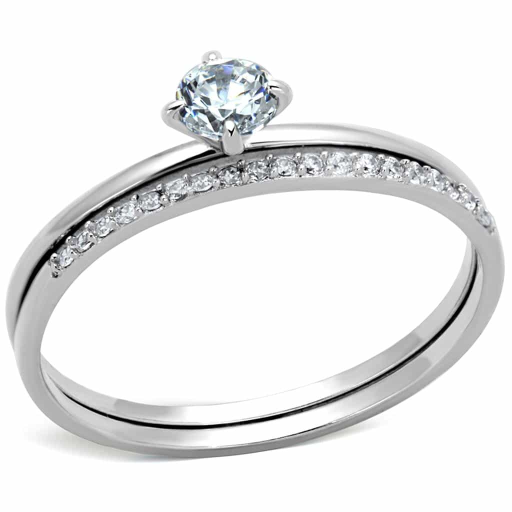 Sterling Silver CZ Round Solitaire Pave Bridal Set Thin Ring view 5
