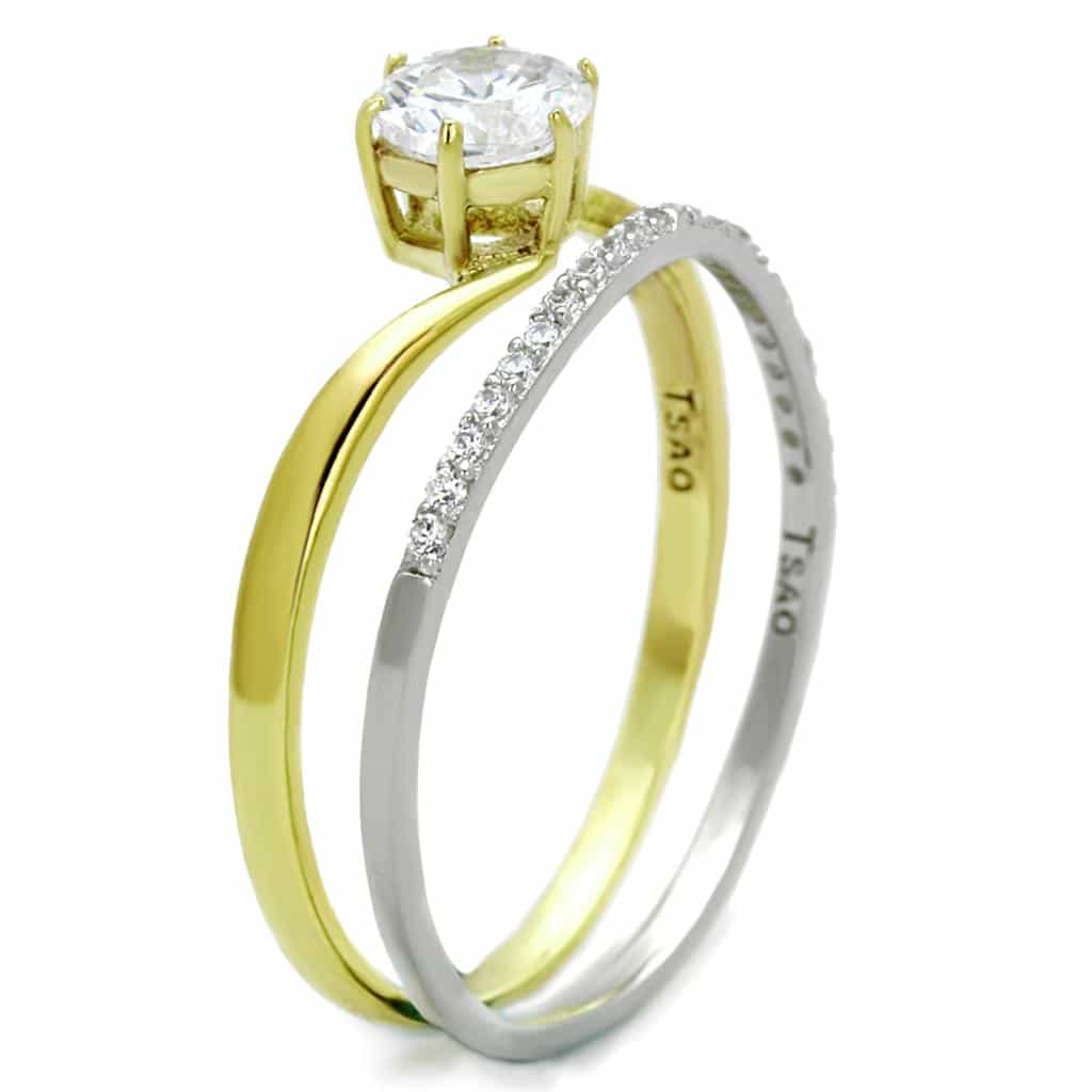 Sterling Silver Gold Two Tone CZ Round Solitaire Bridal Set Ring view 4
