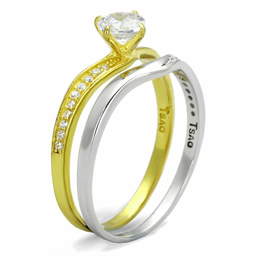 Sterling Silver Gold Two Tone CZ Round Pave Bridal Set Ring view 4
