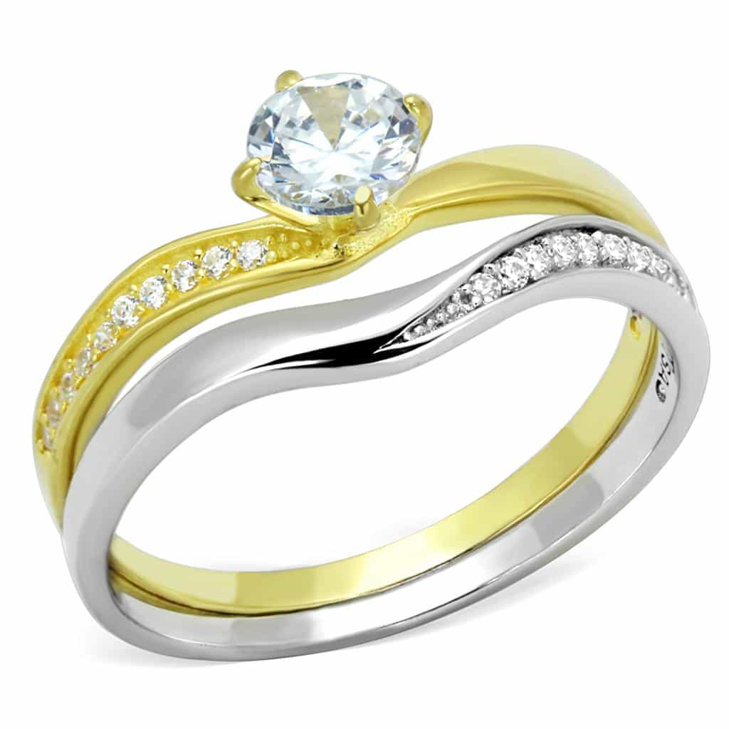 Sterling Silver Gold Two Tone CZ Round Pave Bridal Set Ring view 5