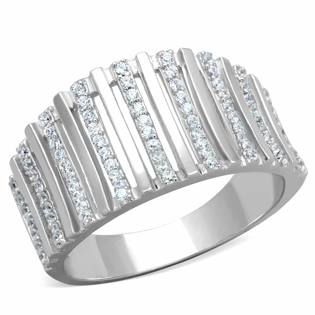 Sterling Silver CZ Pave Vertical Bar Ridged Wide Ring view 10