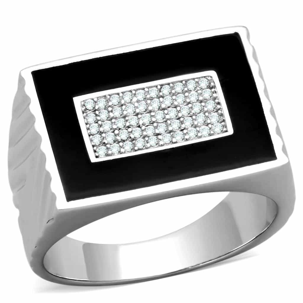 Sterling Silver Black Onyx CZ Pave Ribbed Signet Ring view 10