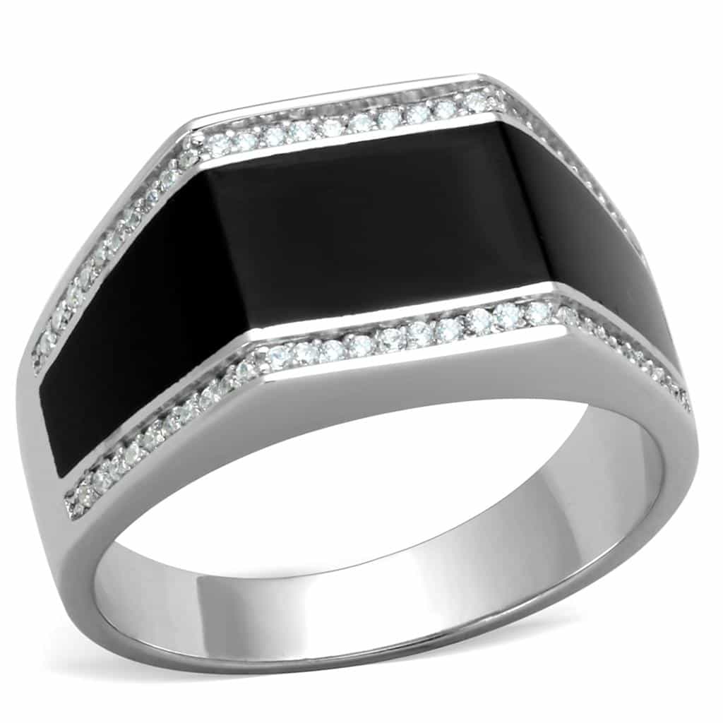 Sterling Silver Black Onyx CZ Pave Large Rectangular Signet Ring view 11