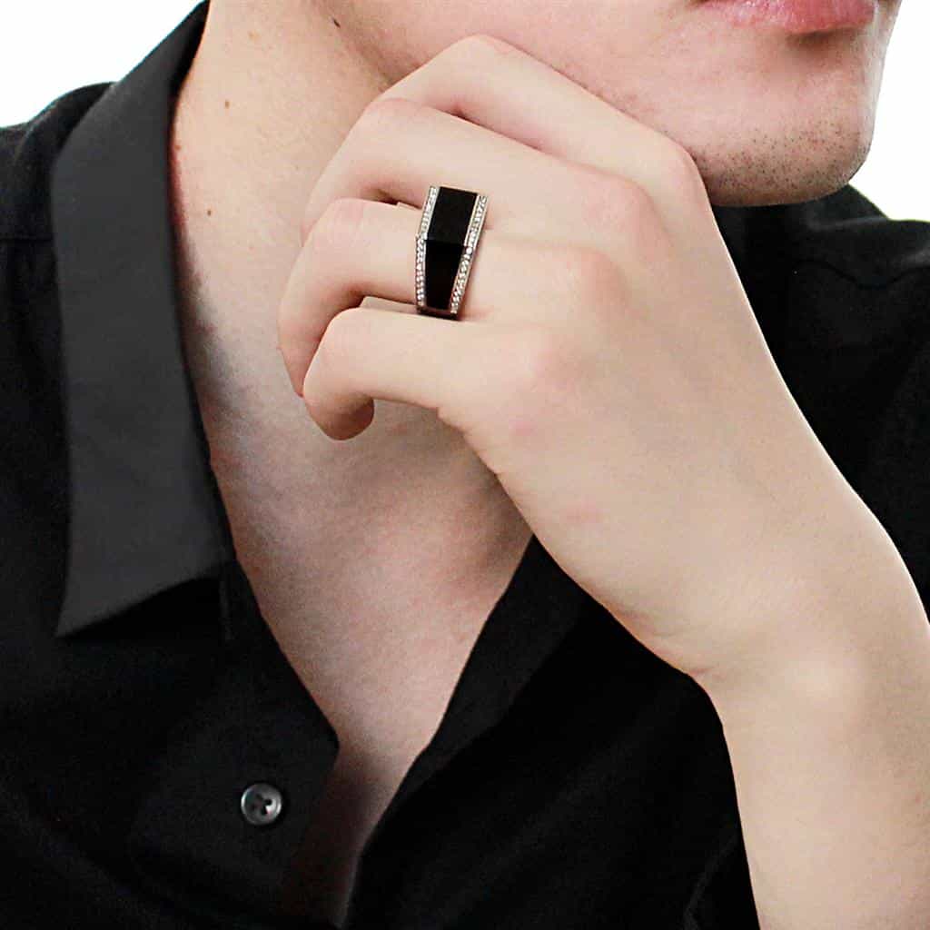 Sterling Silver Black Onyx CZ Pave Large Rectangular Signet Ring view 12