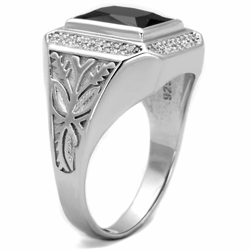 Sterling Silver Black CZ Emerald Cut Halo Filigree Signet Ring view 9