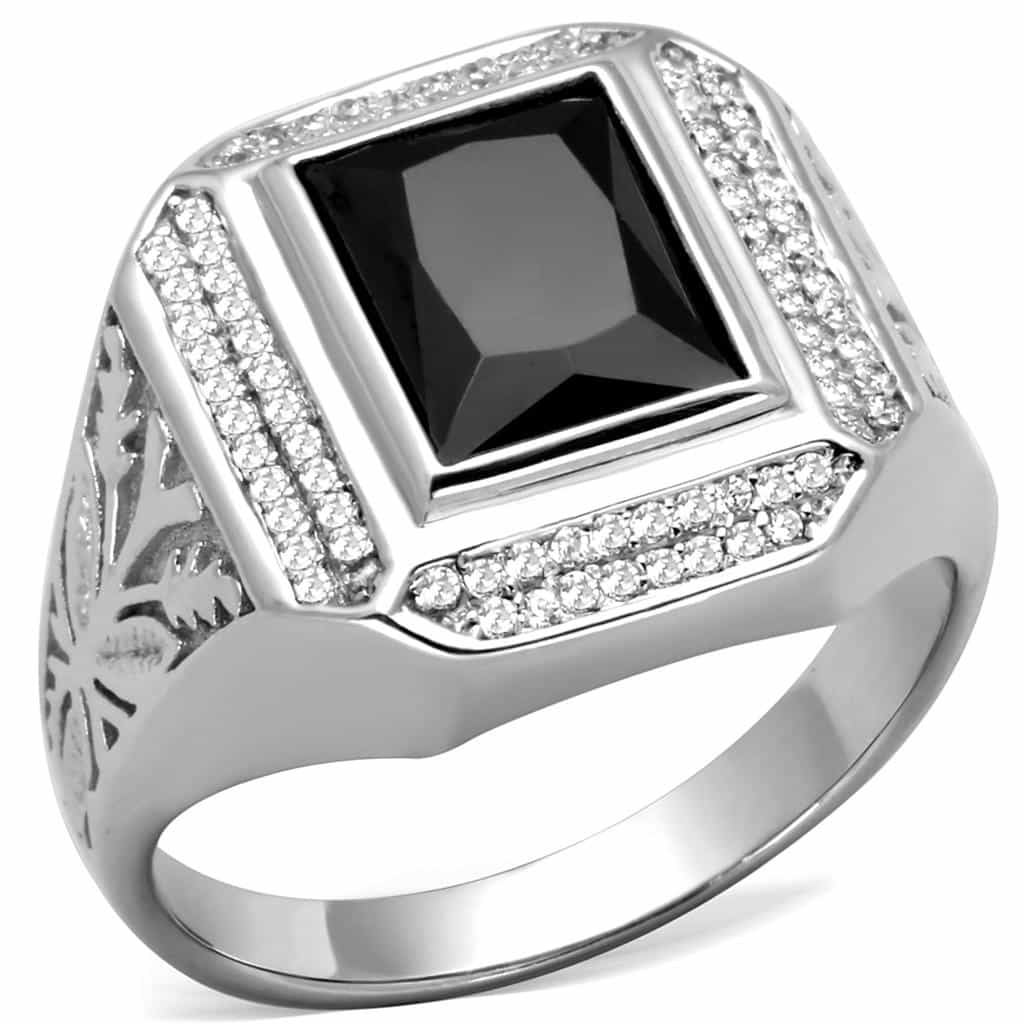 Sterling Silver Black CZ Emerald Cut Halo Filigree Signet Ring view 10