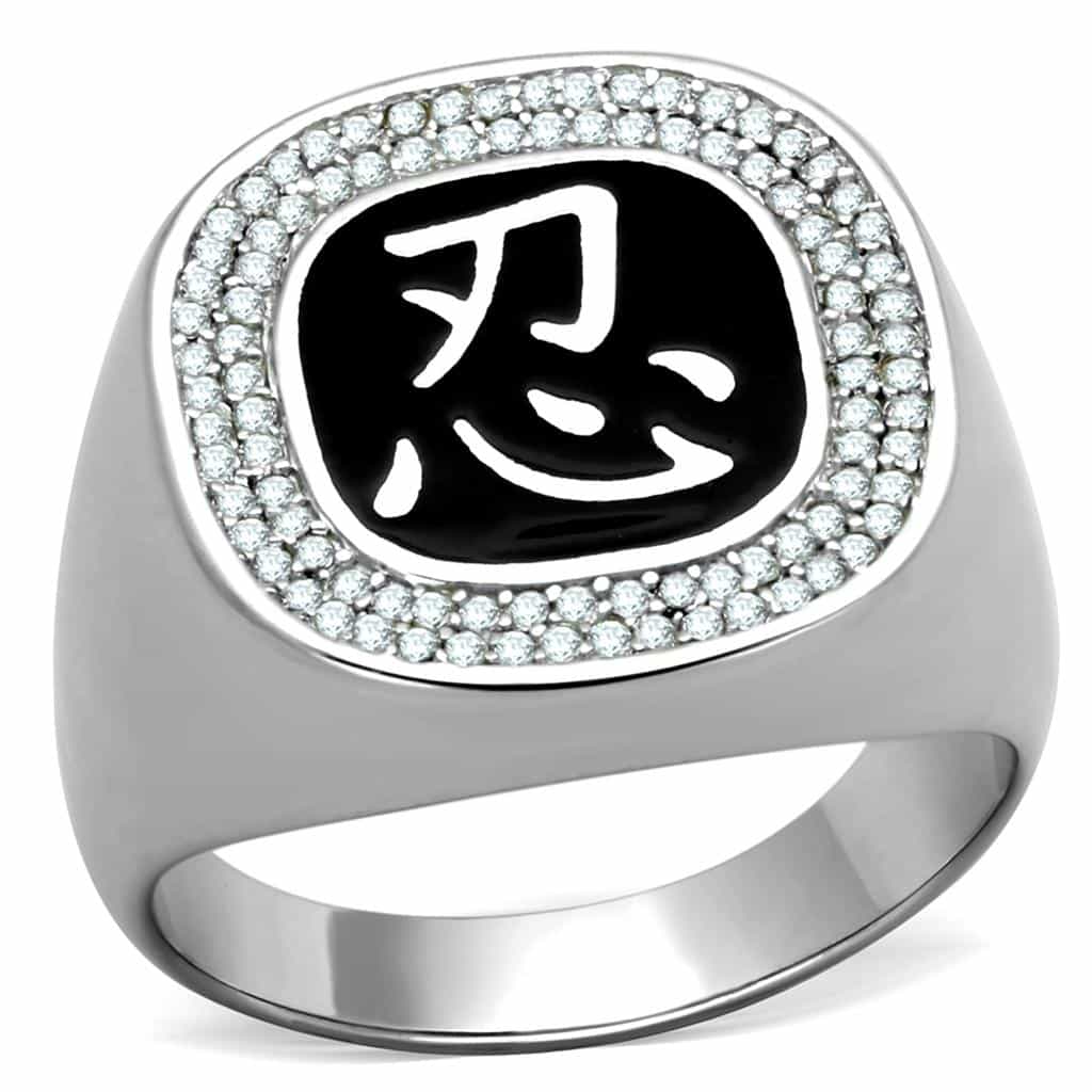 Sterling Silver Black Enamel CZ Kanji Character Signet Ring view 5