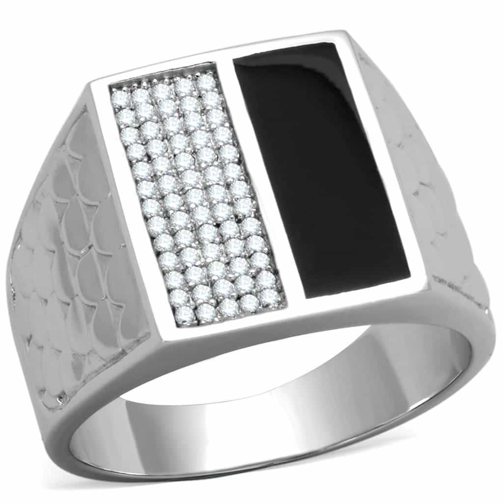 Sterling Silver Black Onyx CZ Pave Stripe Flat Signet Ring view 5