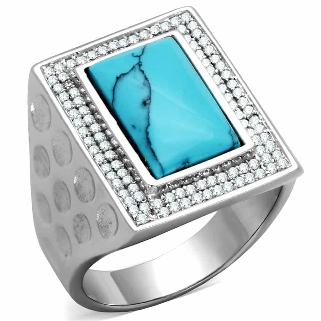 Sterling Silver Turquoise CZ Pave Rectangle Bubble Signet Ring view 10
