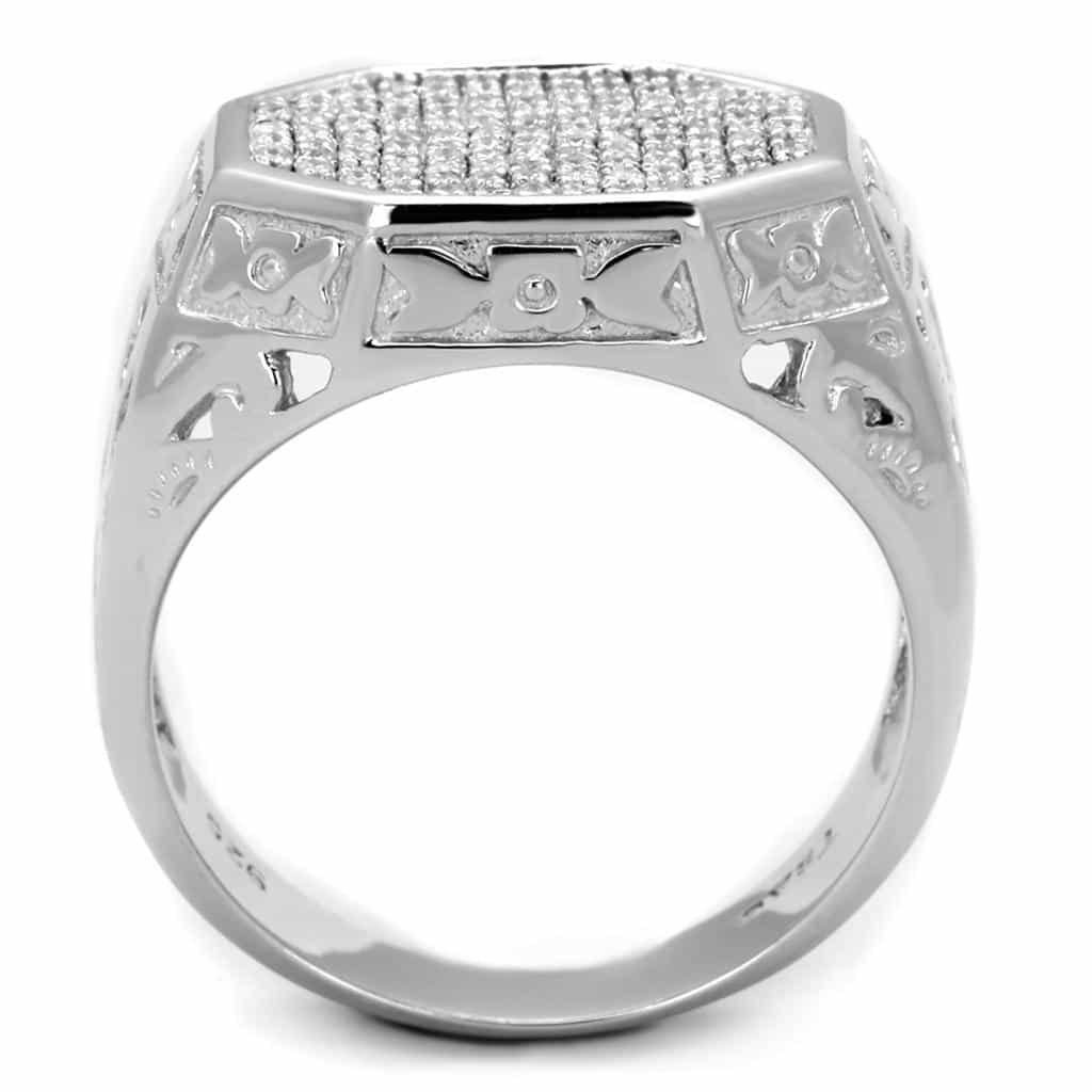 Sterling Silver CZ Pave Square Filigree Ridged Signet Ring view 8
