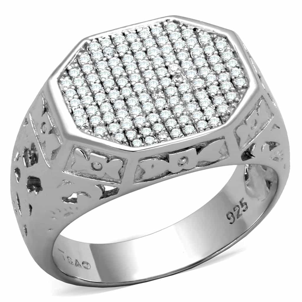 Sterling Silver CZ Pave Square Filigree Ridged Signet Ring view 5