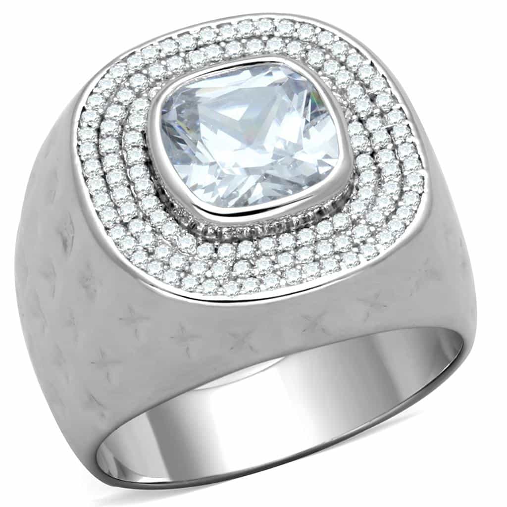 Sterling Silver CZ Cushion Double Halo Hammered Wide Ring view 10