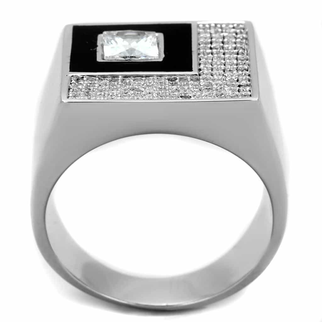 Sterling Silver Black Onyx CZ Princess Halo Frame Signet Ring view 3