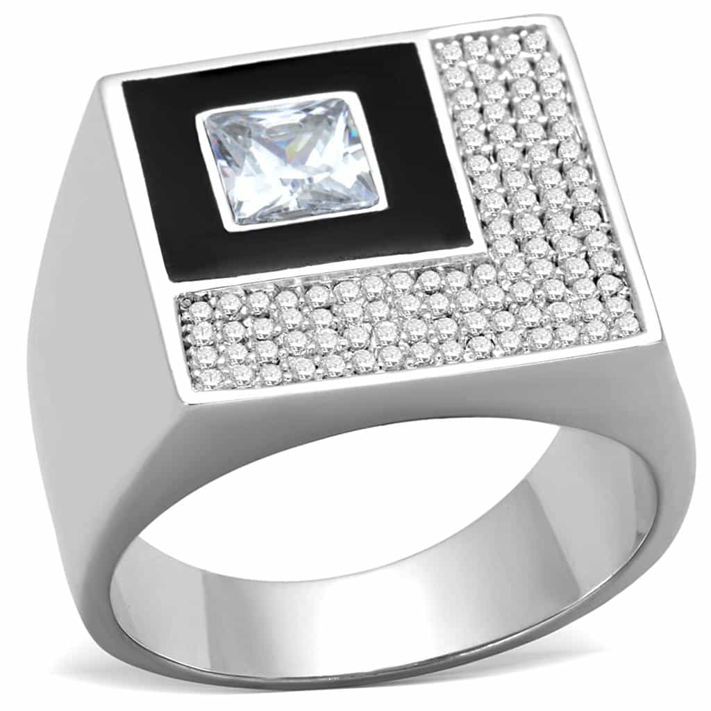 Sterling Silver Black Onyx CZ Princess Halo Frame Signet Ring view 10