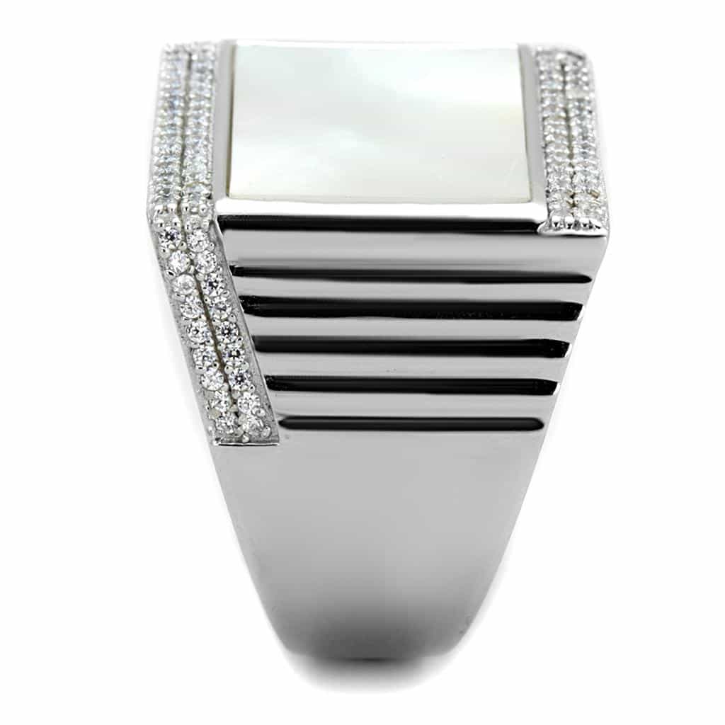 Sterling Silver Mother of Pearl CZ Pave Rectangle Signet Ring view 4
