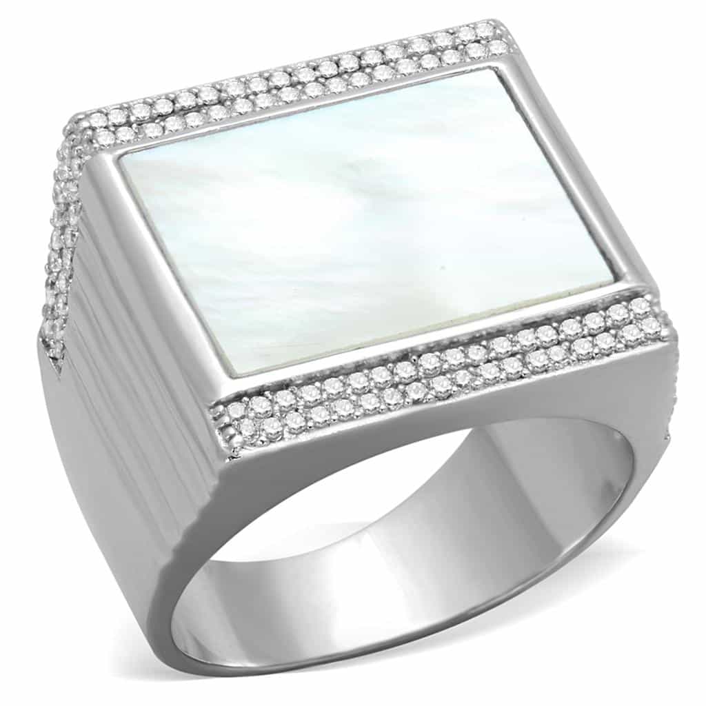 Sterling Silver Mother of Pearl CZ Pave Rectangle Signet Ring view 5