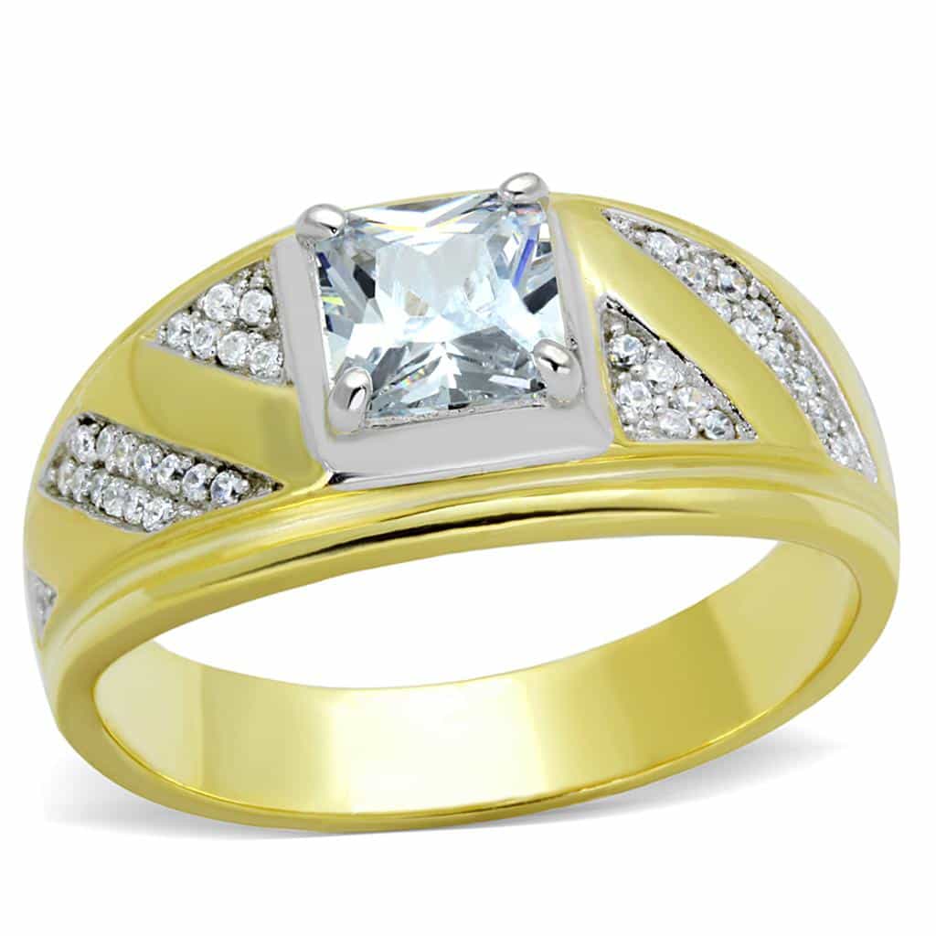 Sterling Silver Gold Two Tone CZ Princess V Arrow Signet Ring view 5