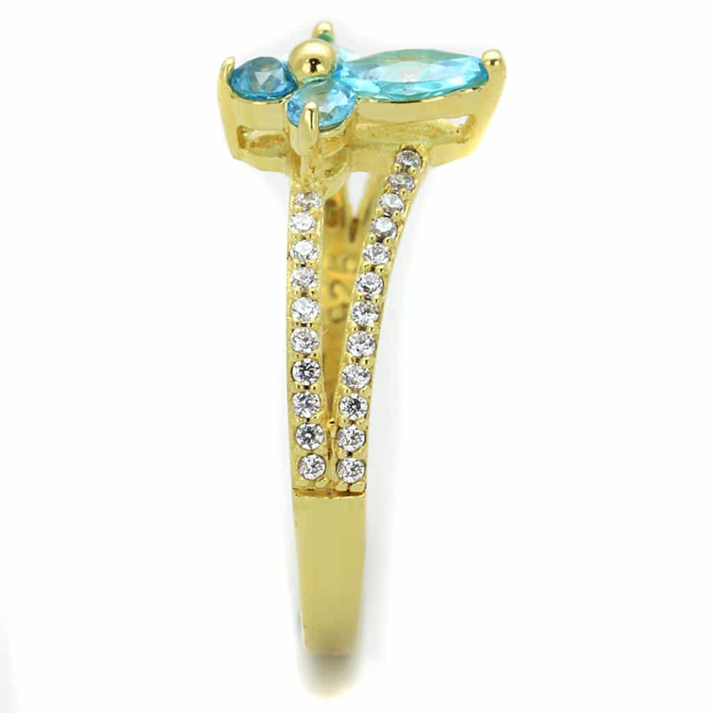 Sterling Silver Gold Two Tone Aqua CZ Butterfly Pave Ring view 9