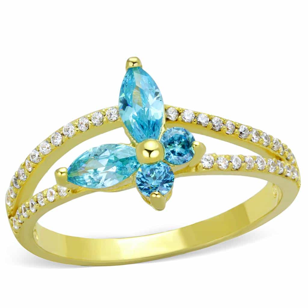 Sterling Silver Gold Two Tone Aqua CZ Butterfly Pave Ring view 10