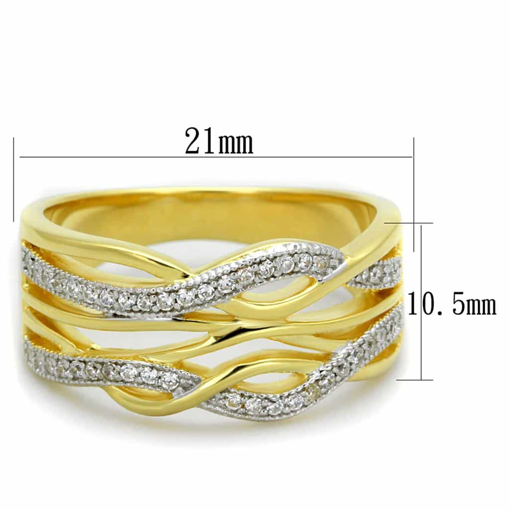 Sterling Silver Gold Two Tone CZ Wave Vine Crossover Wide Ring view 2