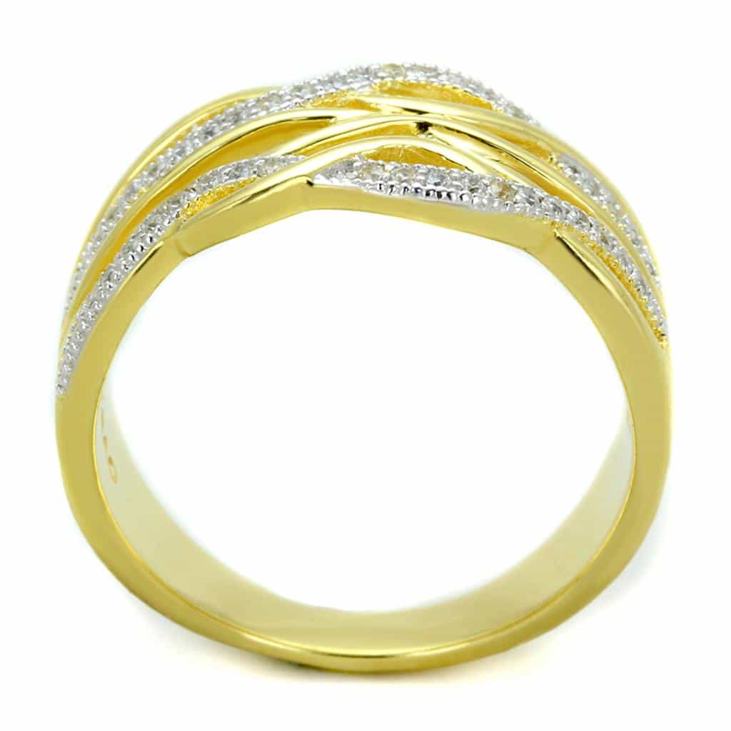 Sterling Silver Gold Two Tone CZ Wave Vine Crossover Wide Ring view 3