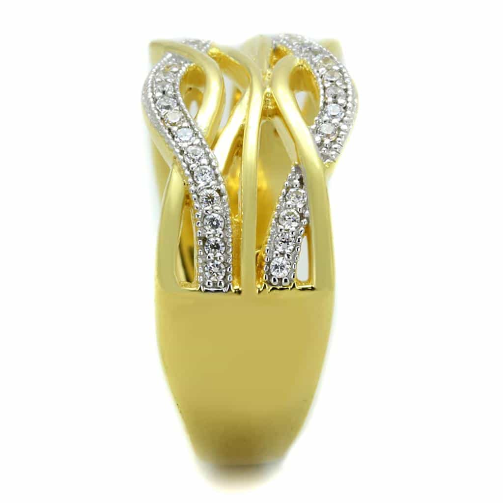 Sterling Silver Gold Two Tone CZ Wave Vine Crossover Wide Ring view 4