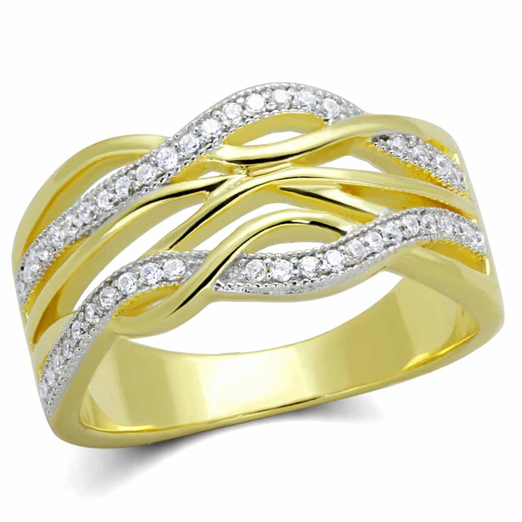 Sterling Silver Gold Two Tone CZ Wave Vine Crossover Wide Ring view 5