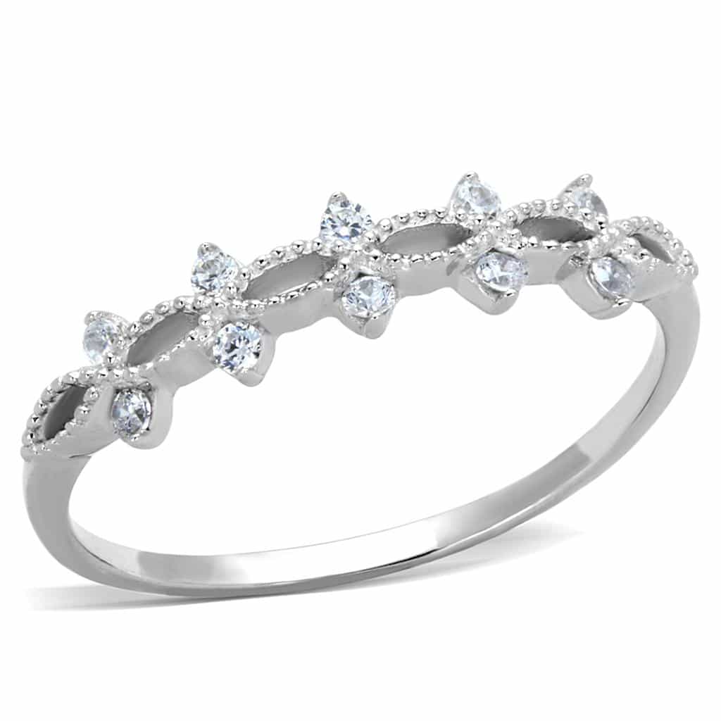 Sterling Silver CZ Flower Daisy Chain Thin Band Ring view 10