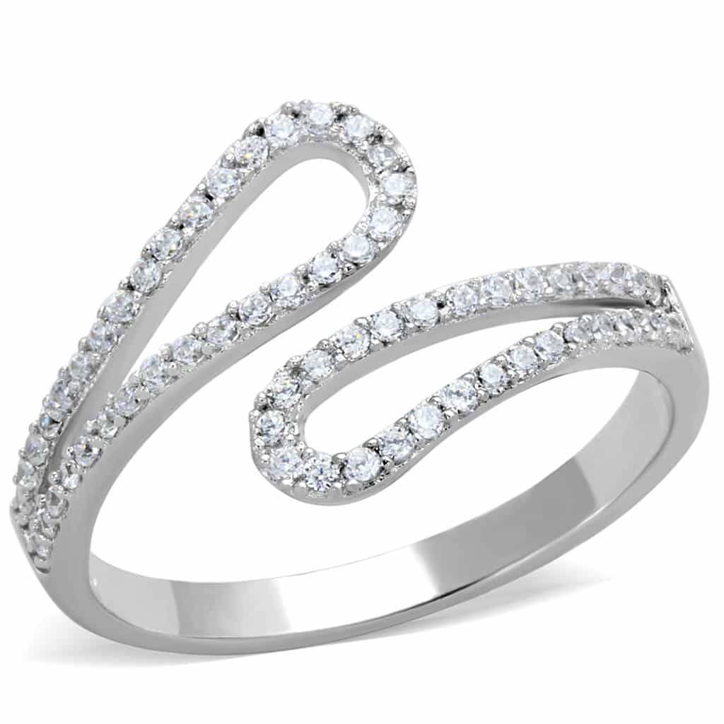 Sterling Silver CZ Pave Double Wave Curved Thin Ring view 10