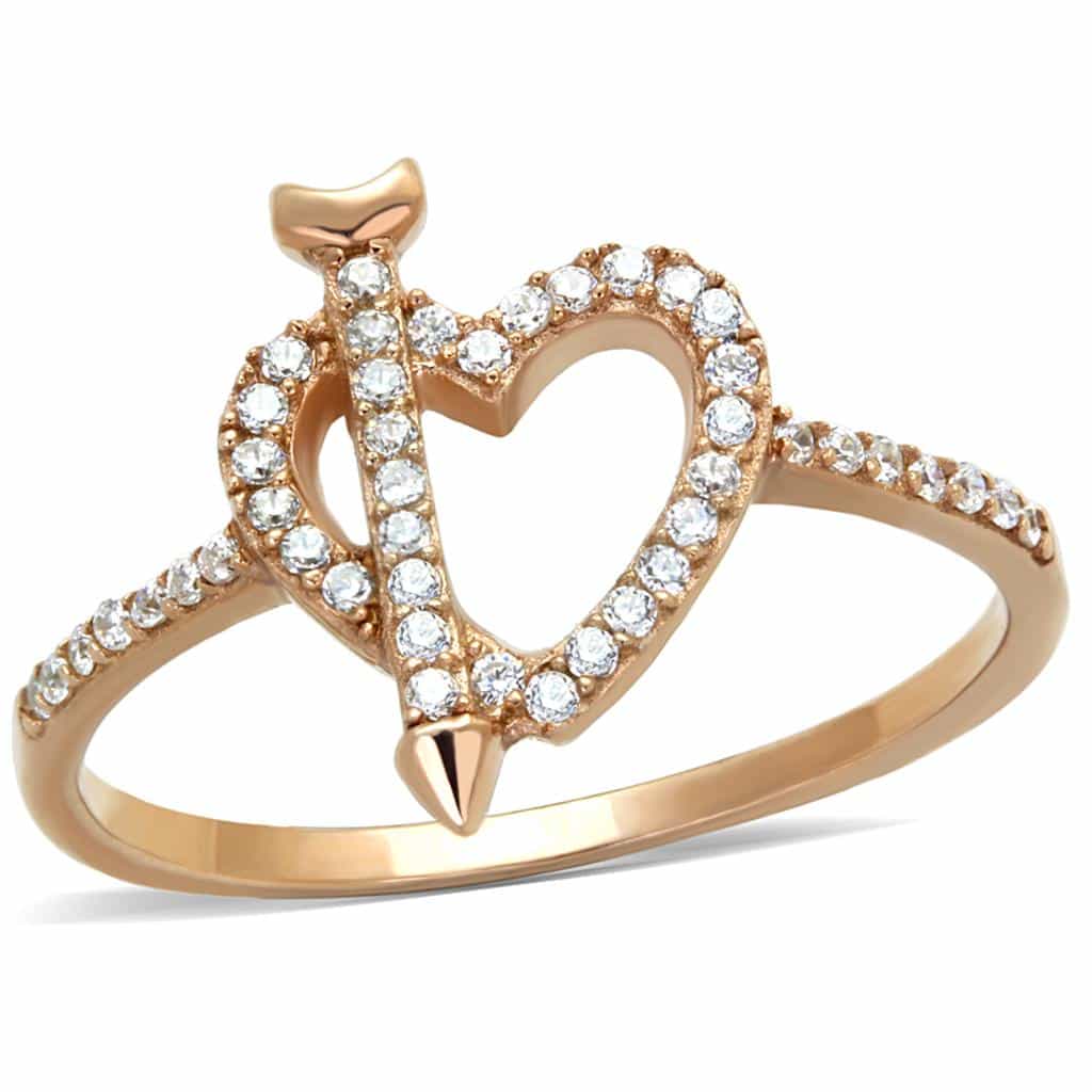 Sterling Silver Rose Gold CZ Heart Arrow Cupid Open Ring view 10