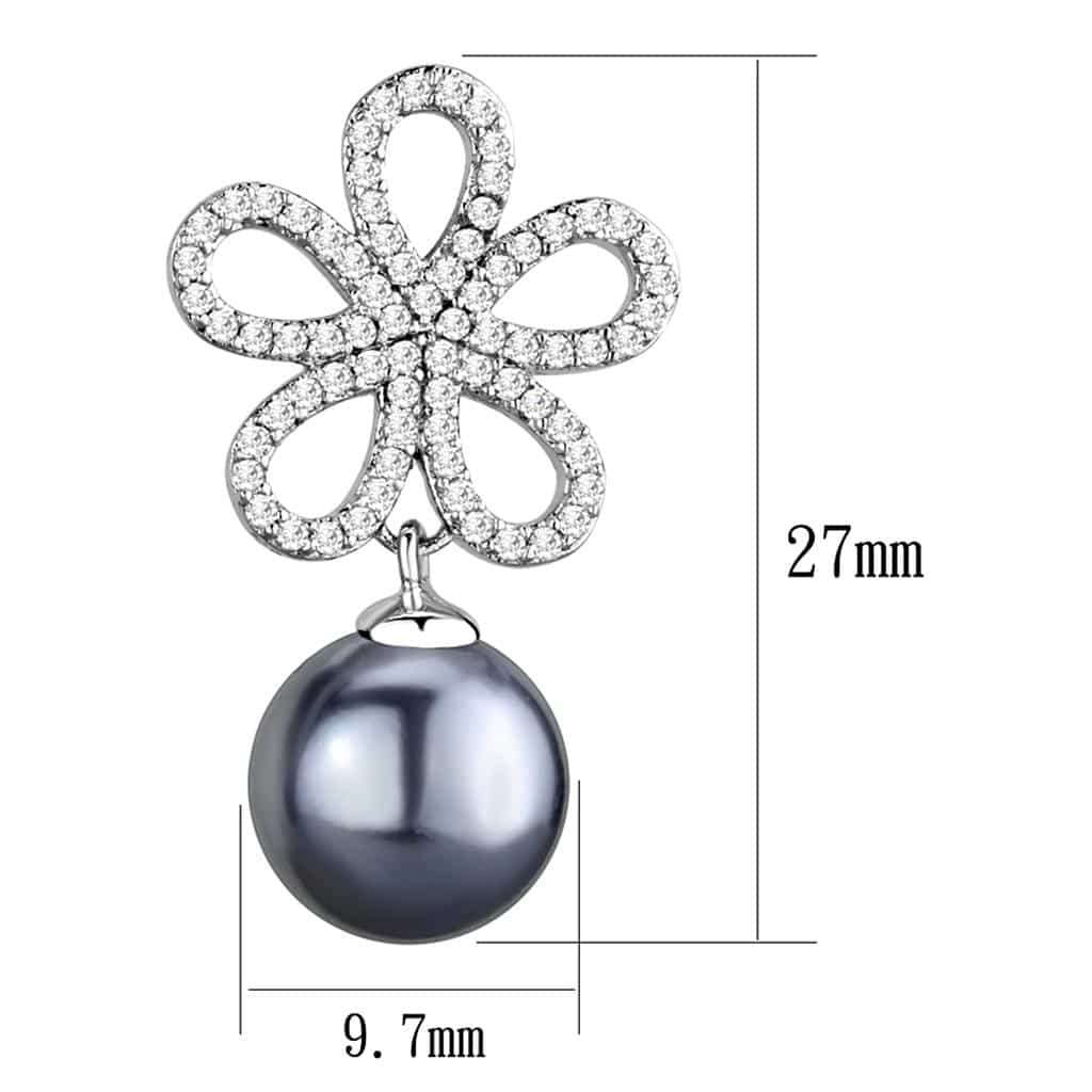 Sterling Silver CZ Flower Loop Grey Pearl Drop Earrings view 2