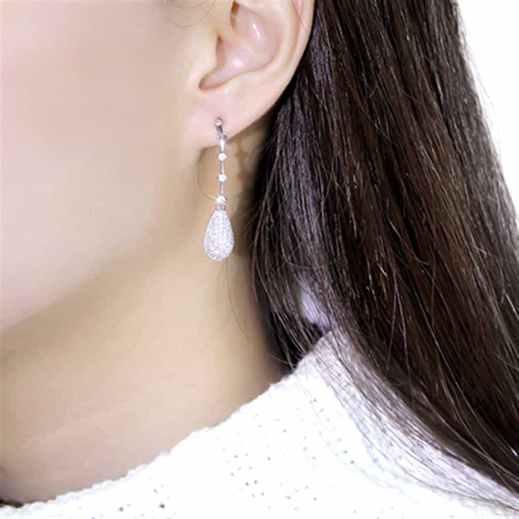 Sterling Silver CZ Pave Teardrop Long Dangle Drop Earrings view 3