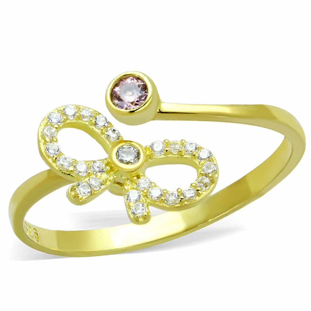 Sterling Silver Gold Two Tone Pink CZ Bow Ribbon Ring view 10