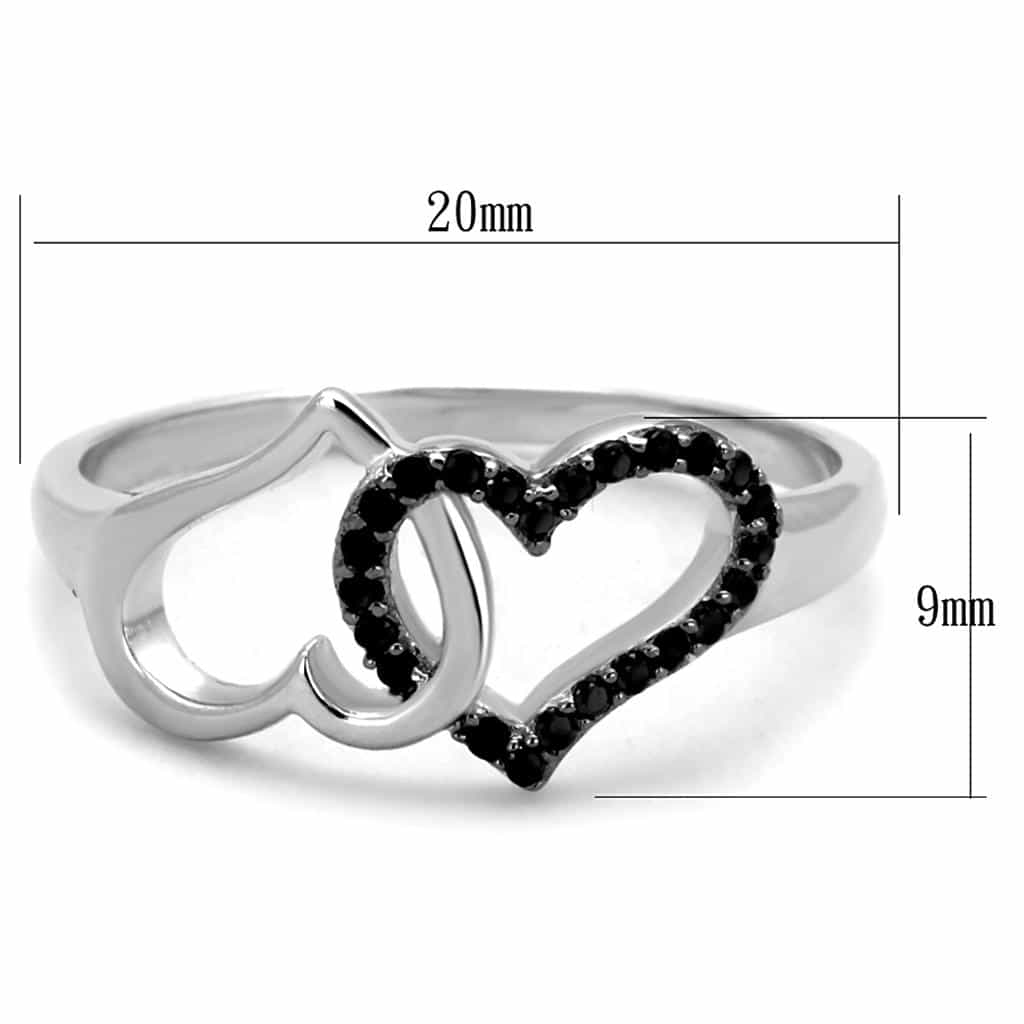 Sterling Silver Black CZ Double Heart Open Ring view 2
